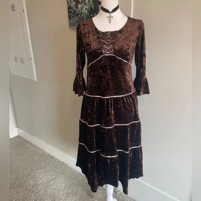 Vestido vintage com miçangas marrom escuro núcleo de fada caprichoso veludo gótico - Imagem 1 de 4