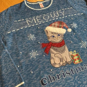 Meowy Christmas Embroidered Cat Sweater  Beaded Women's Plus Size 22-24(121) - Picture 1 of 8