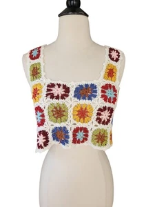 Camiseta sin mangas Forever 21 para mujer mediana recortada multicolor abuela ganchillo festival boho - Imagen 1 de 7