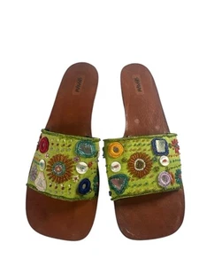 Mangos Embellished Beaded Women's Slip-On Sandals Shoes Square Wooden Heel s Sz8 - Picture 1 of 8