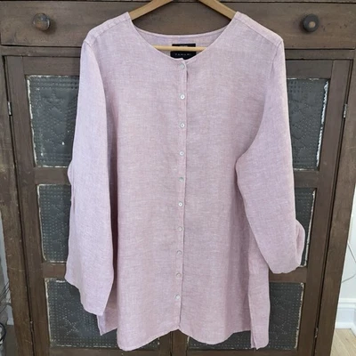 Túnica Tahari Mujer 2x Lino Abotonada Arándano Brezo Manga Larga/Pestaña Foto 1 de 4