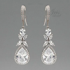 White Gold Plated Cubic Zirconia CZ Wedding Bridal Drop Dangle Earrings 252 Hook - Picture 1 of 4