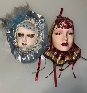 Vintage Porcelain Ceramic Girl Lady Hanging Wall Art Mask Decoration Set Of 2 - Picture 1 of 6