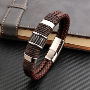 Bracelets vintage multicouche cuir PU marron hommes en acier inoxydable bracelet cadeau