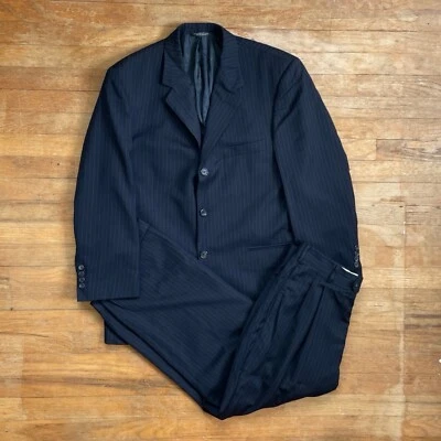 Conjunto de traje vintage para hombre talla 42R blazer 32x27 pantalones años 90 azul marino a rayas Foto 1 de 4