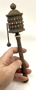 ANTIQUE Tibetan PRAYER WHEEL Coral Turqouise Silver Filigree tight scroll/mantra - Picture 1 of 22