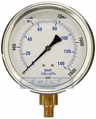 LIQUID FILLED PRESSURE GAUGE 0-2000 PSI, 4" FACE, 1/4" LOWER MOUNT - Image 1 of 2