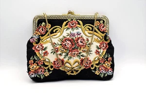 Vintage 50's Floral Embroidered Tapestry Evening Purse Bag, Gold Tone Frame - Picture 1 of 7