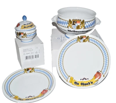 Juego completo de vajilla para salchichas blancas 4 piezas, para dos personas, leones y bandera de Baviera Foto 1 de 4