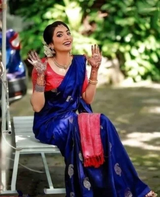 Indian Banarasi  Litchi silk  Saree Blouse Jacquard Woven Print Women Sari - Image 1 of 4