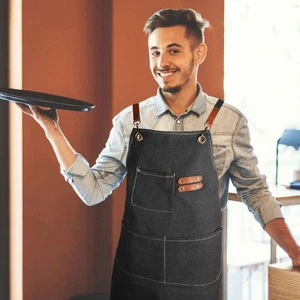 Grembiule da cucina chef in tela resistente bavaglino regolabile schiena incrociata 3 tasche - Foto 1 di 14