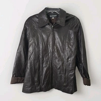 全新 Frontier 女式棕色真皮夹克拉链前 10 码复古 — 第 1/4 张图片