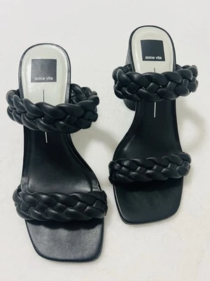 Dolce Vita Black Leather Braided Heels Strappy Chunky Open Toe Sandals Mules 8.5 - Image 1 of 4