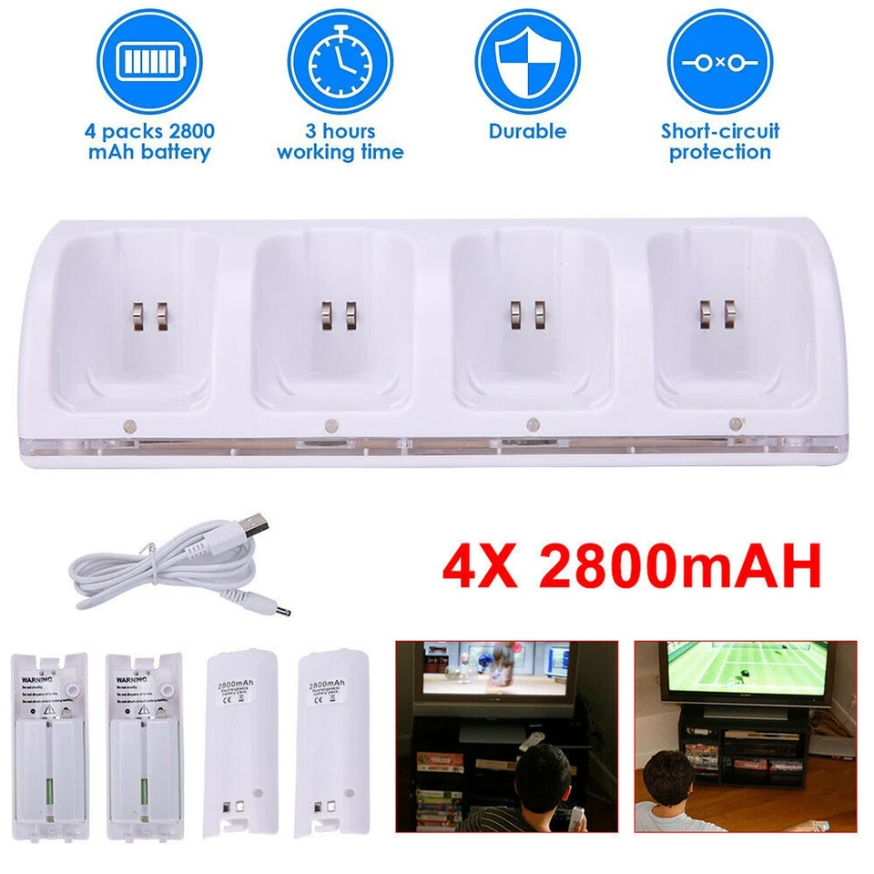 4x 2800mAh Akku Quad Ladegerät Ladestation für Nintendo Wii Remote Controller DE - Bild 1 von 4