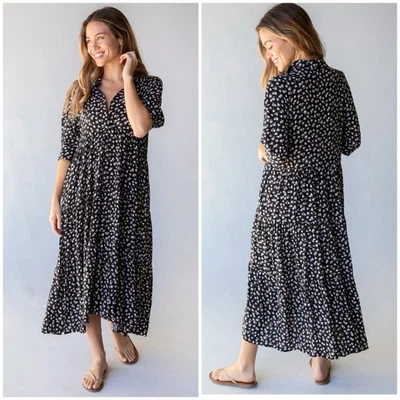 NATURAL LIFE Rebecca Midi Dress Black Cream Roses Pockets Feminine Sz XL - Image 1 of 4