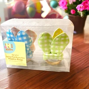 4 Spring Pastel Easter Plaid Bunny Ears Napkin Rings Holiday Table Decor New - Picture 1 of 3