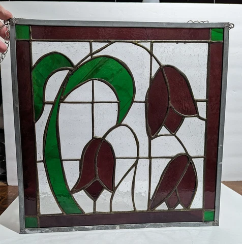 Beautiful Vintage Stained Glass Window Panel - Red Tulips & Greens 14.5" X 14.5" Cover
