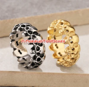 Men's Gothic Stainless Steel Biker Skull Beaded Round Band Ring Size 7-12# J352 - Picture 1 of 8