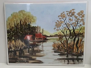 Handpainted Landscape Terracotta Tile 25x20cm Made in Italy Extracompact S Deitz - Picture 1 of 4