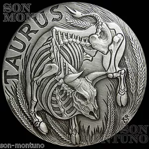 TAURUS - #4 SkullCoins 2015 ZODIAC Memento Mori Series 1oz .999 SILVER Art Round - Picture 1 of 2