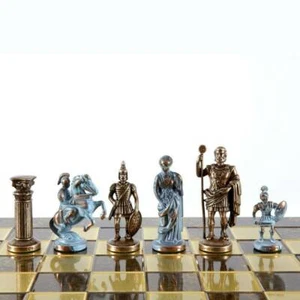 Manopoulos Greek Roman Army Large Chess Set - Blue Copper Pawns - Brown Board - Picture 1 of 5