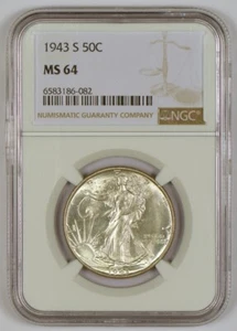 1943-S Walking Liberty Half Dollar, San Francisco Mint, Graded MS64 by NGC - Picture 1 of 4