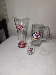 Kansas City Chiefs Glassware Lot Pilsner Glass 7"-Beer Mug 5.5"-Shot Glass - Picture 1 of 14