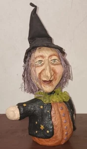 Vintage gruselige Halloween Hexe Handarbeit Springneck Pappmaché Bast Haar - Bild 1 von 5