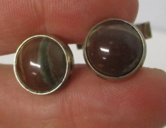 Abotoaduras de ágata marrom esterlina com marca registrada da Polônia ~ Na caixa - Imagem 1 de 4