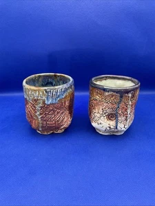 Handmade Studio Pottery Mug Stoneware Orange Blue Brown Artisan Signed Lot Of 2 - Picture 1 of 10