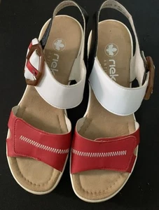 Reiner Women’s 8.5 Wedge Sandal Strap W/heel Red, White & Blue W/buckle - Picture 1 of 7