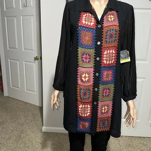 John Mark Crochet Mixed Media Boho Tunic Long Sheer Sleeve Top Artsy Side NWT M - Picture 1 of 10
