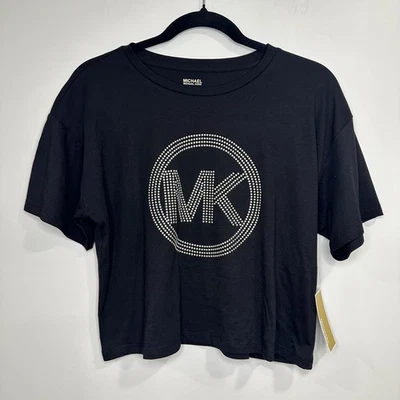 CAMISETA MICHAEL KORS NEGRA RECORTADA DORADA PLATA TACHONADA LOGO XS NUEVA CON ETIQUETAS PRECIO DE VENTA SUGERIDO POR EL FABRICANTE 78,00 $ Foto 1 de 4