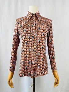 Vintage 70s Orange Navy Geometric Print Dagger Collar Mod Shirt UK10 - Picture 1 of 6