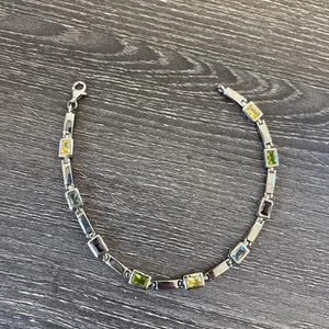 925 Sterlingsilber Multi Color Edelstein Armband Rechteck geschliffene Steine 12 g 8 Zoll - Bild 1 von 16