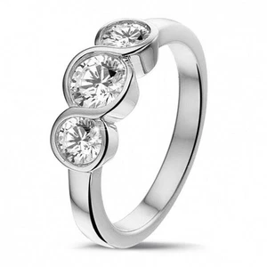 1.5Ct Round Cut Lab Created Diamond 3 Stone Bezel Set Ring 14k White Gold Plated - Picture 1 of 5