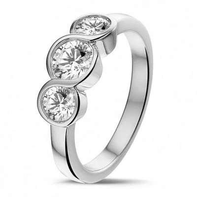 1.5Ct Round Cut Lab Created Diamond 3 Stone Bezel Set Ring 14k White Gold Plated - Image 1 of 4