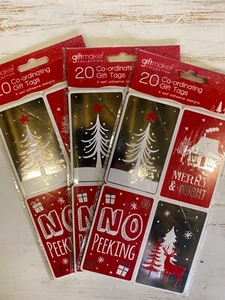 20 x MERRY & BRIGHT CHRISTMAS GIFT TAGS SELF ADHESIVE STICKER LABEL Silver & Red - Picture 1 of 2