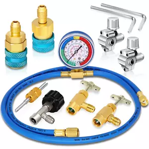 AC R134A R1234YF Refrigerant Recharge Hose Kit, AC R134a 1234yf Gauge Set with B - Picture 1 of 12