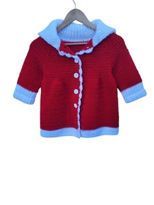 Vintage Hand Knit Red White Christmas Holiday Cardigan Sweater Girls Size 5-6 - Picture 1 of 6