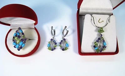 TURQUOISE, PERIDOT, AMETHYST RING, EARRINGS/NECKLACE 21.09 CTW - GOLD/925 SILVER - Image 1 of 4