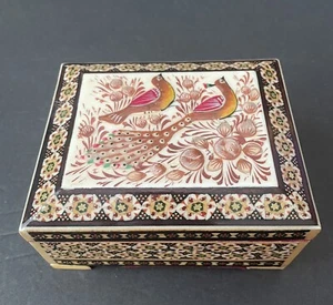 Micro Mosaic Wood Inlay Indo Persian Peacock Scene Moorish Trinket Box - Picture 1 of 11
