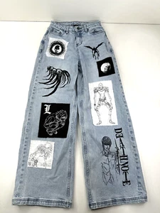 Hot Topic Death Note Jeans Junior Girl Size 1 Wide Leg Denim Screenprint Patches - Picture 1 of 8