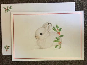 Vintage Hallmark Christmas Card White Bunny Green Holly - Picture 1 of 4