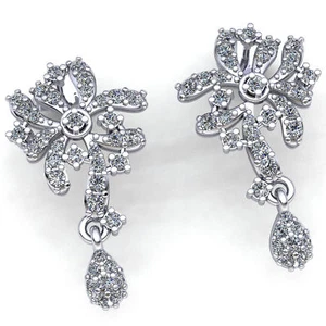 3ct Round Cut  Diamond Ladies Flower Chandelier Earrings 14K Gold - Picture 1 of 14
