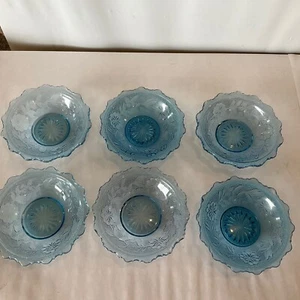 Vintage Blau Jakobsmuschel Rand Beere Dessertschalen 6er Set Blumen Design Geschliffenes Glas - Bild 1 von 12