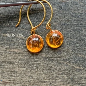 18K Yellow Gold Orange Garnet Spessartite coin Round Shape Bezel Drop Earring - Picture 1 of 8