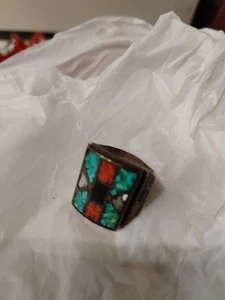Vtg Square Men's Silver & Turquoise Ring - Picture 1 of 10