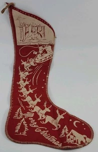 1950s Printed Felt Chrismas Stocking Santa Reindeer Scene Antique Decoration - Picture 1 of 8