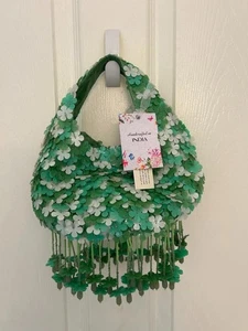 Viral Beaded Bag Made in India Green White Floral Hanging Flower Fringe NWT - Picture 1 of 1